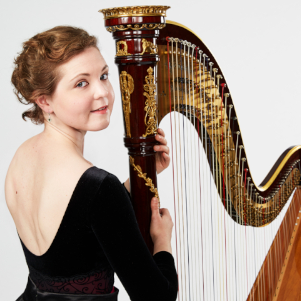 Mary Reid with her harp