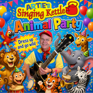 Artie is wearing a red cap and yellow and blue t-shirt, holding a guitar and surrounded by drawings of a lion, giraffe, elephant, zebra, tiger, monkey and parrot
