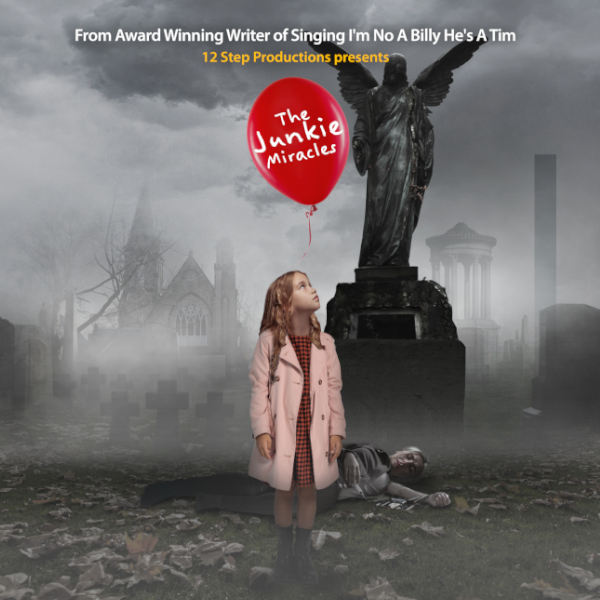 A girl in a pink coat looking up at a red balloon, with a mono graveyard background
