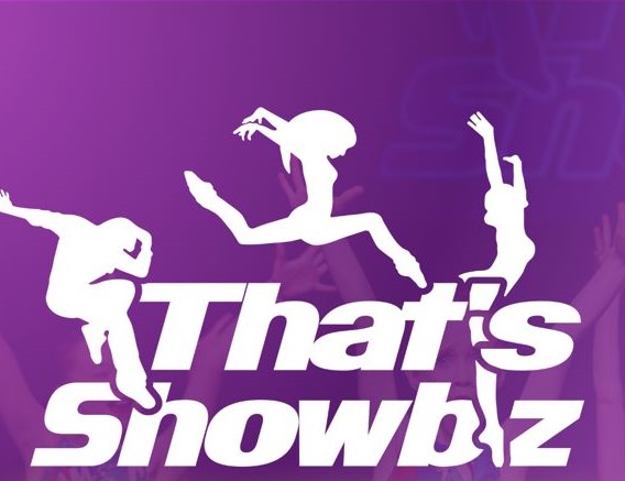 Silhouettes of 3 dancers jumping over the words, That's Showbiz