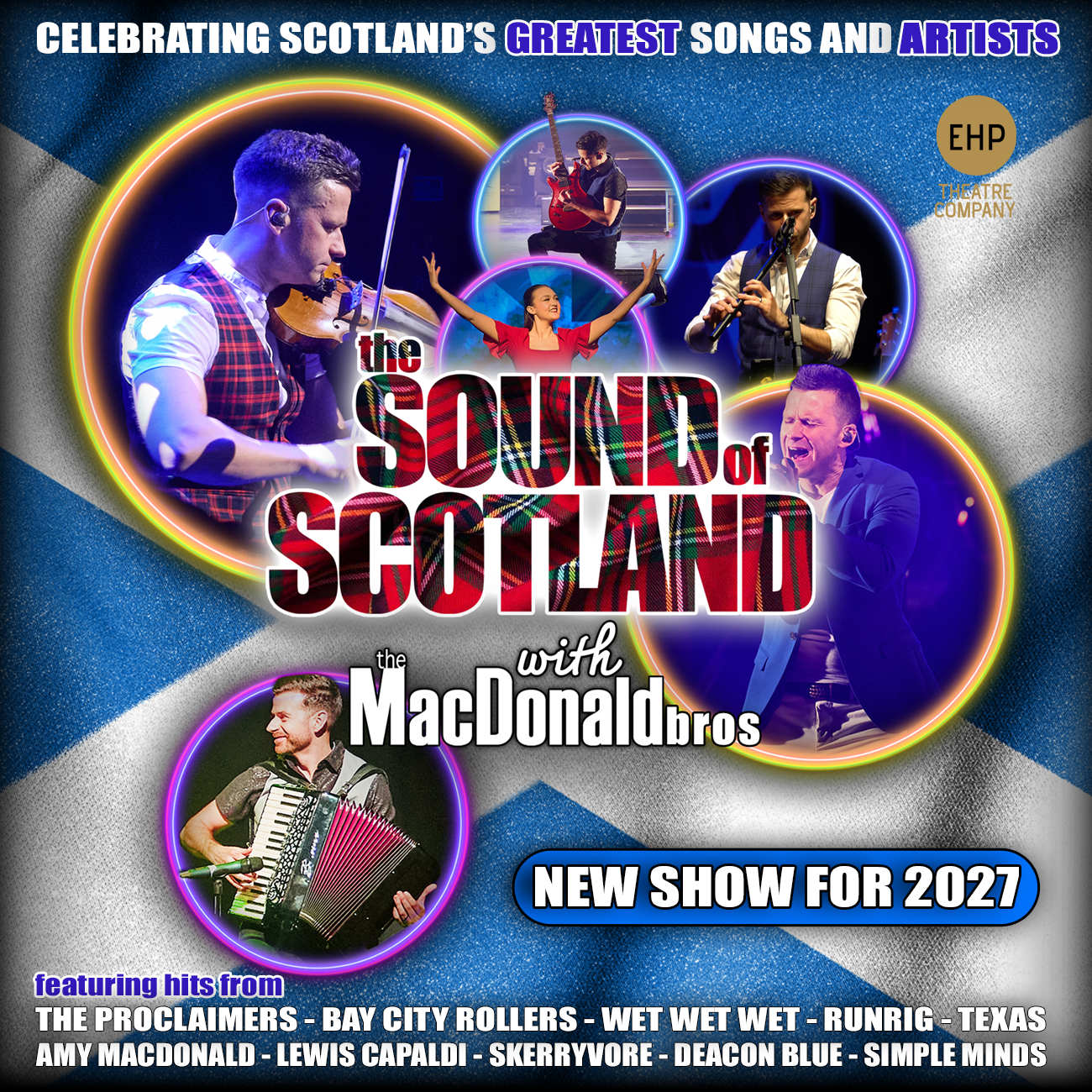 Composite image of musicians with a Scottish flag as the background