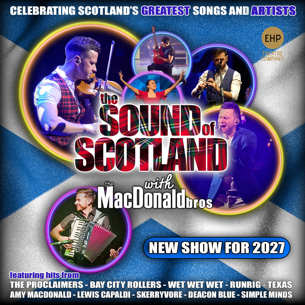 Composite image of musicians with a Scottish flag as the background