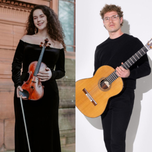 Duo Concordia a female in black with long curly hair holding a violin, and a man with short curly hair and glasses wearing black holding a guitar