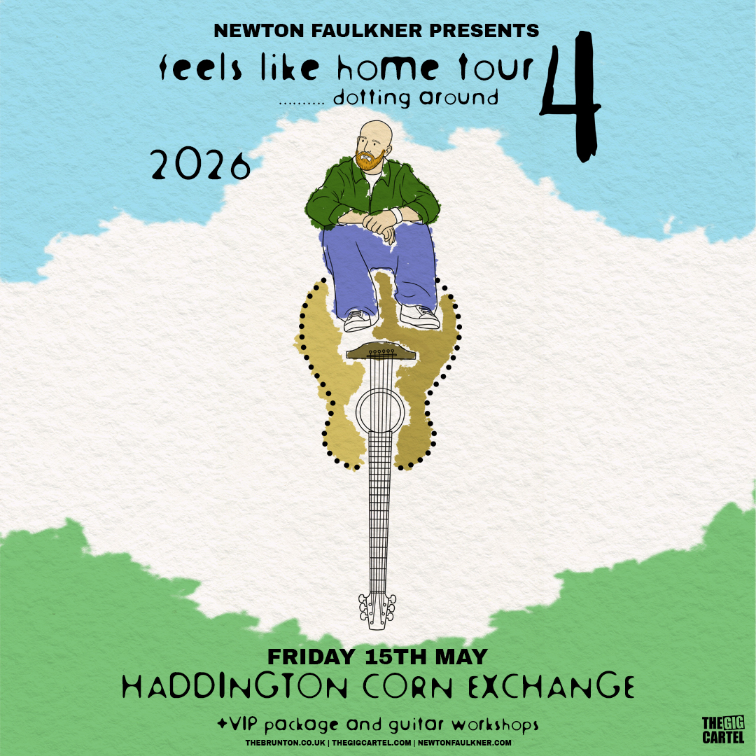 A drawing of Newton Faulkner sitting on an upside down guitar