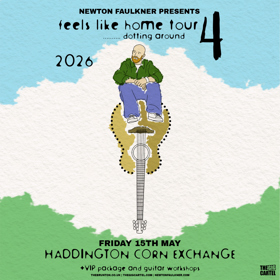 A drawing of Newton Faulkner sitting on an upside down guitar